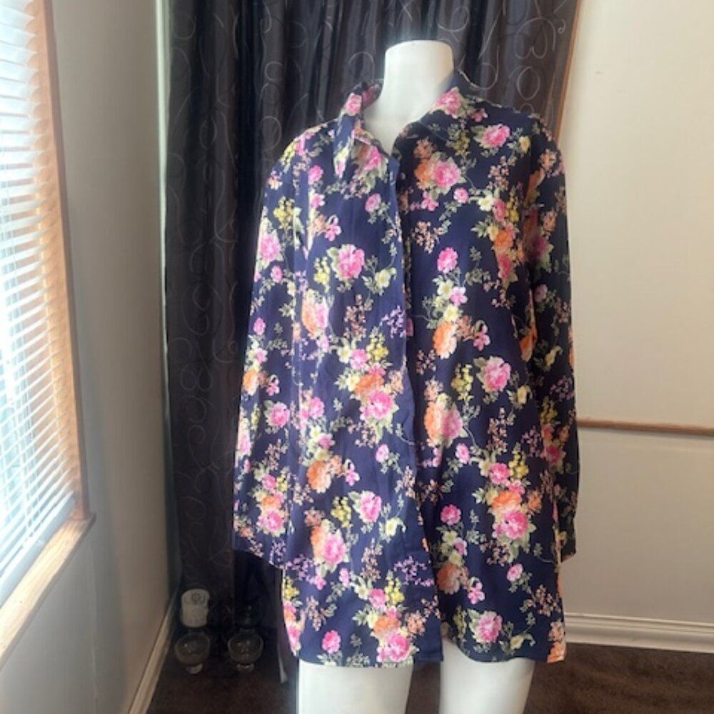 Anthony Richards Blue Floral roll tab sleeves button down shirt, size 24W
